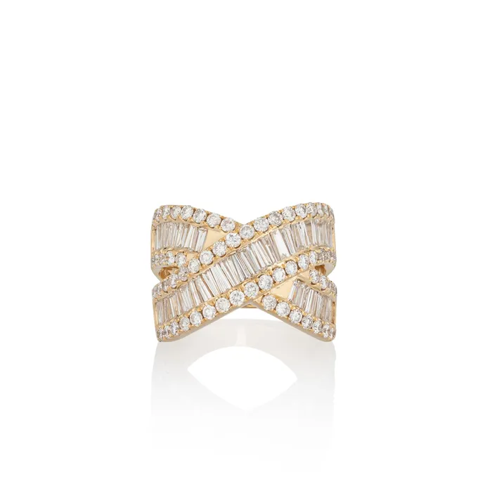 18 Karat Yellow Gold Criss Cross Baguette Cocktail Ring RACHEL LYNN CHICAGO Rings