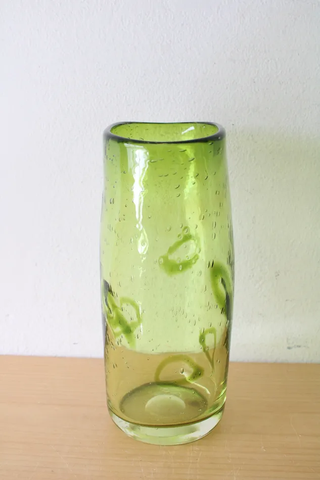 1970s Margies Garden Hand Blown Vintage MidCentury Controlled Bubble Green Glass Vase Jubilee Thrift Earrings