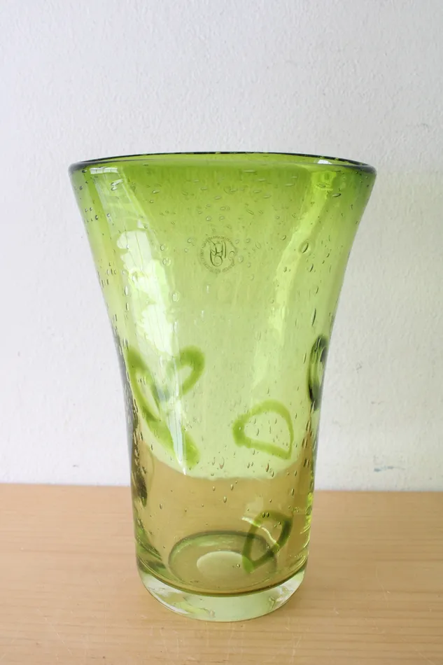 1970s Margies Garden Hand Blown Vintage MidCentury Controlled Bubble Green Glass Vase Jubilee Thrift Earrings
