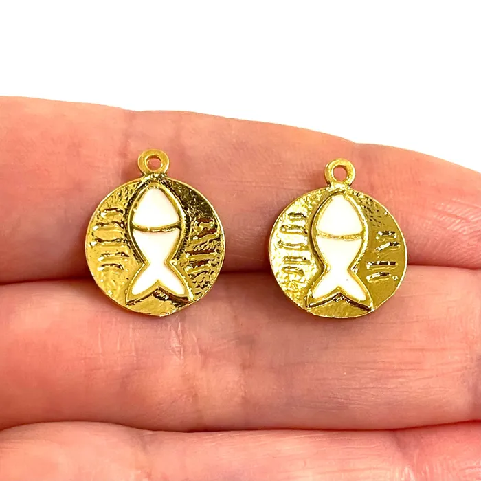 24Kt Gold Plated White Enamelled Lucky Fish Charms 2 pcs in a pack Peppy Beads Earrings 24Kt Gold Plated White Enamelled Lucky Fish Charms 2 pcs in a pack Peppy Beads Earrings