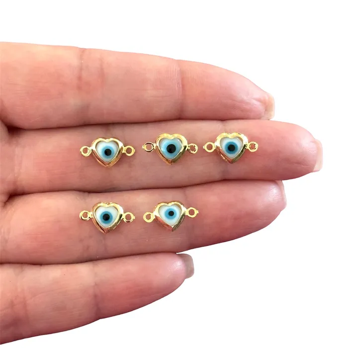 24Kt Gold Plated White Glass Evil Eye Heart Horizontal Connector Charms 5 pcs in a pack Peppy Beads Necklaces 24Kt Gold Plated White Glass Evil Eye Heart Horizontal Connector Charms 5 pcs in a pack Peppy Beads Necklaces