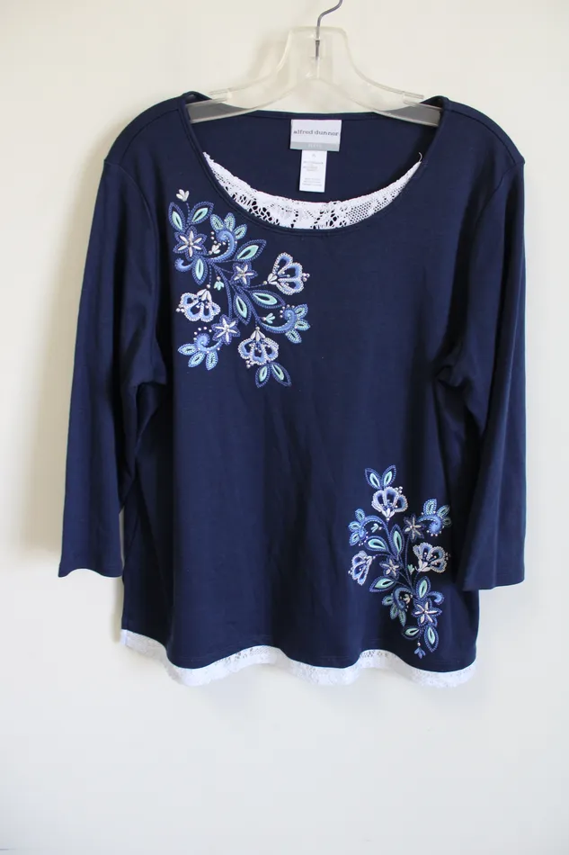 Alfred Dunner Dark Blue Embroidered Long Sleeved Shirt Petite L Alfred Dunner Rings