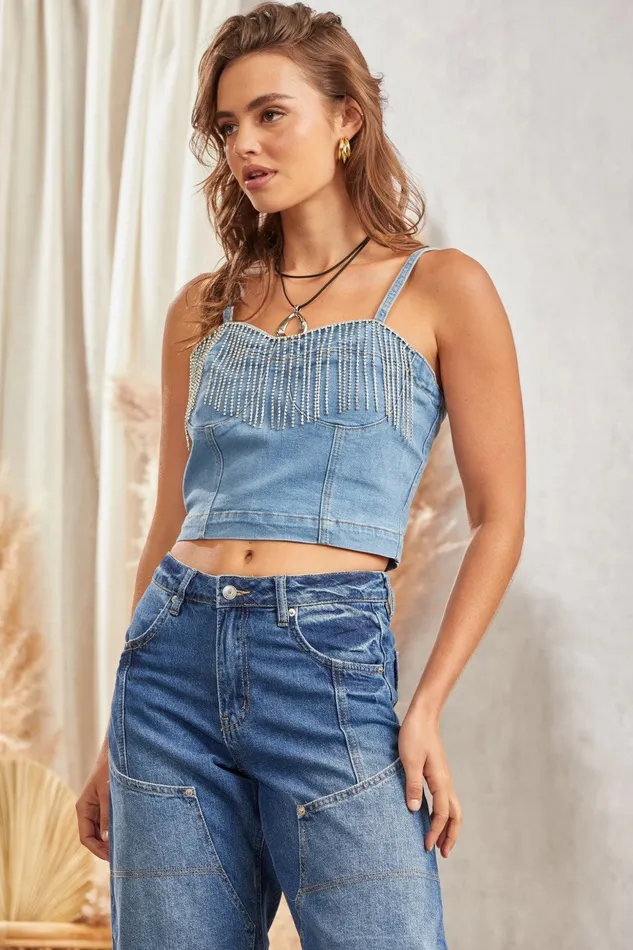 ANDREE BY UNIT Earrings RHINESTONE CROPPED TOP DENIM