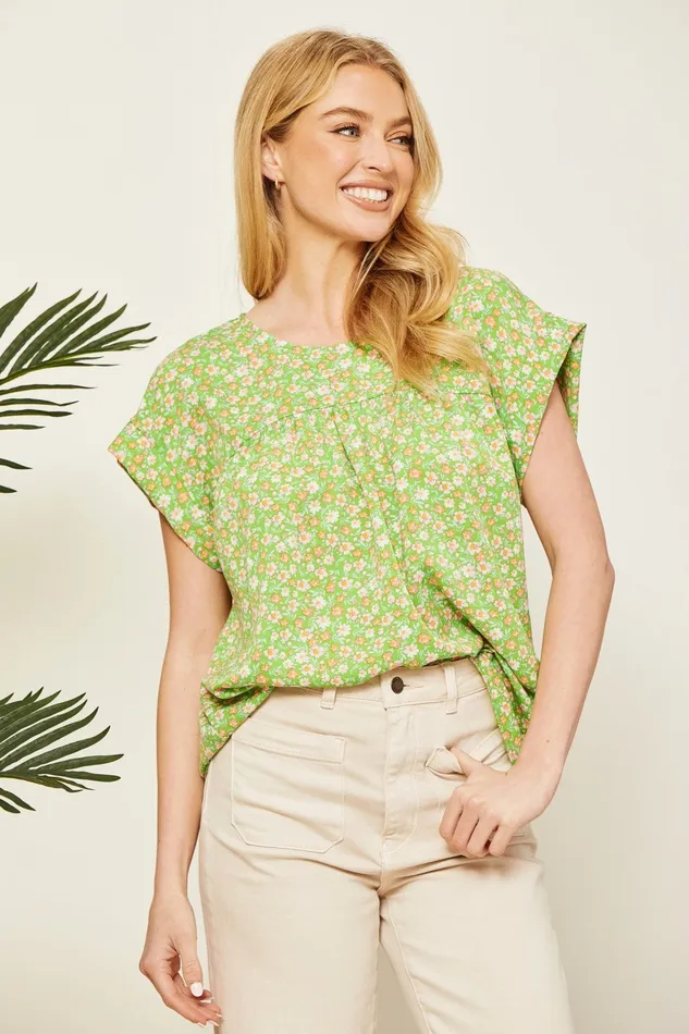 ANDREE BY UNIT Rings DOLMAN SLEEVE ROUND NECK FLORAL PRINT TOP GREEN