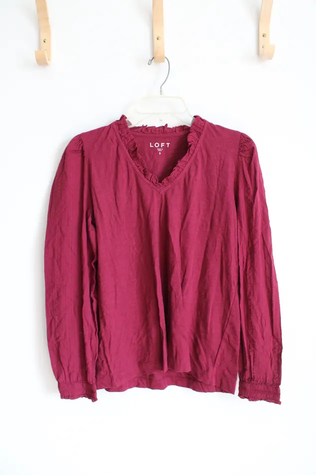 Ann Taylor LOFT Earrings LOFT Red Ruffled Neck Long Sleeved Top S