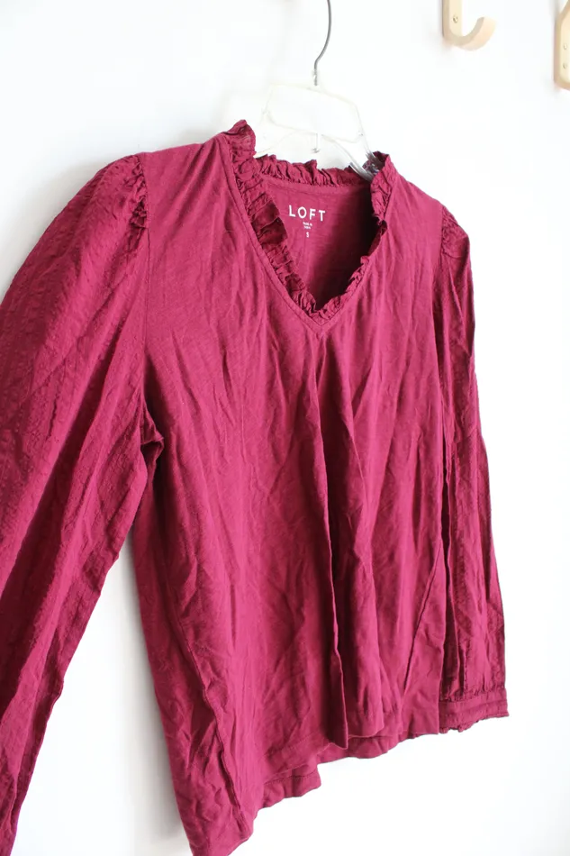 Ann Taylor LOFT Earrings LOFT Red Ruffled Neck Long Sleeved Top S