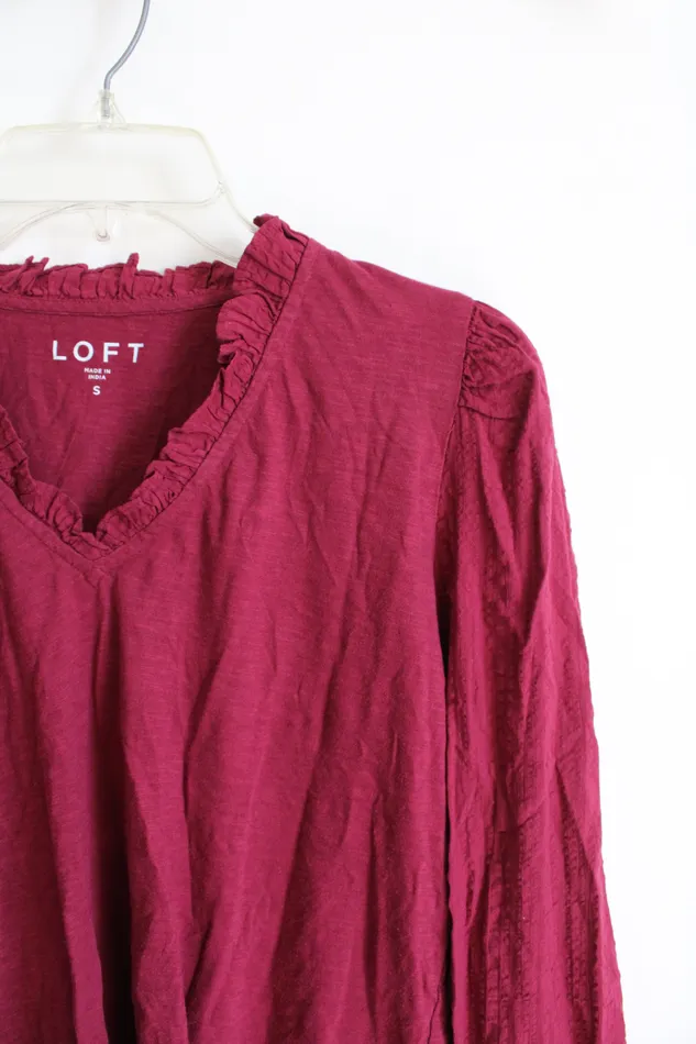 Ann Taylor LOFT Earrings LOFT Red Ruffled Neck Long Sleeved Top S