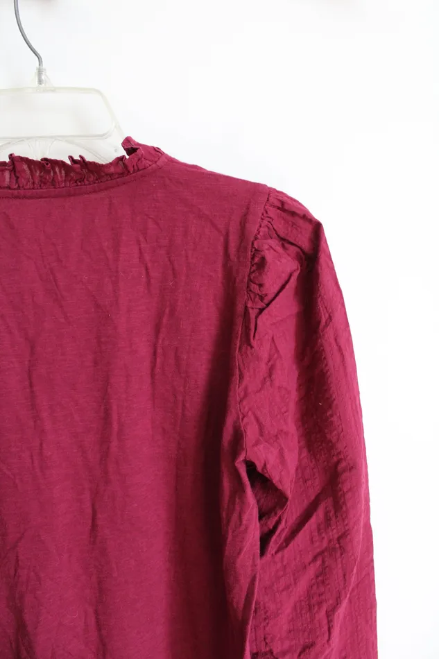 Ann Taylor LOFT Earrings LOFT Red Ruffled Neck Long Sleeved Top S