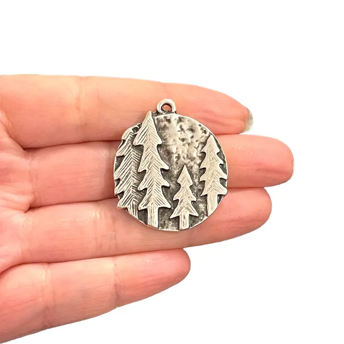 Antique Silver Plated Pine Tree Forest Pendant Peppy Beads Necklaces