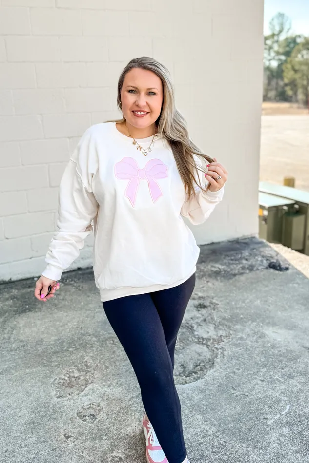 Applique Pink Bow Crewneck Sweatshirt Sweet Cream Dash Forward Necklaces