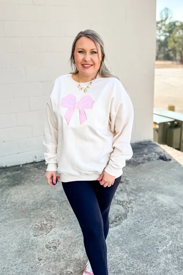 Applique Pink Bow Crewneck Sweatshirt Sweet Cream Dash Forward Necklaces