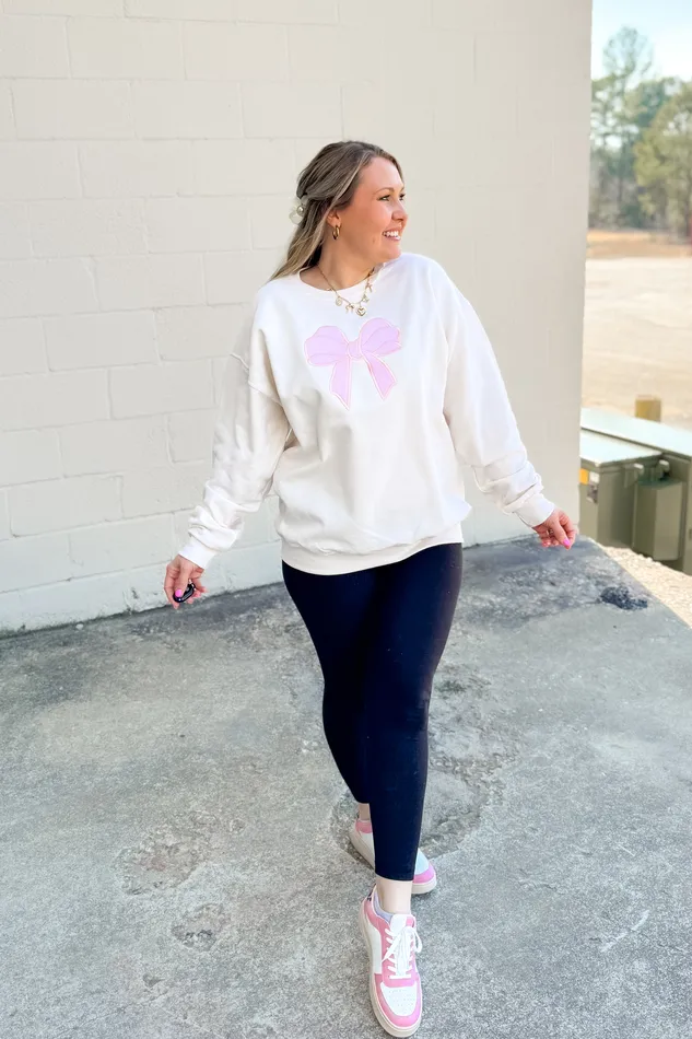 Applique Pink Bow Crewneck Sweatshirt Sweet Cream Dash Forward Necklaces