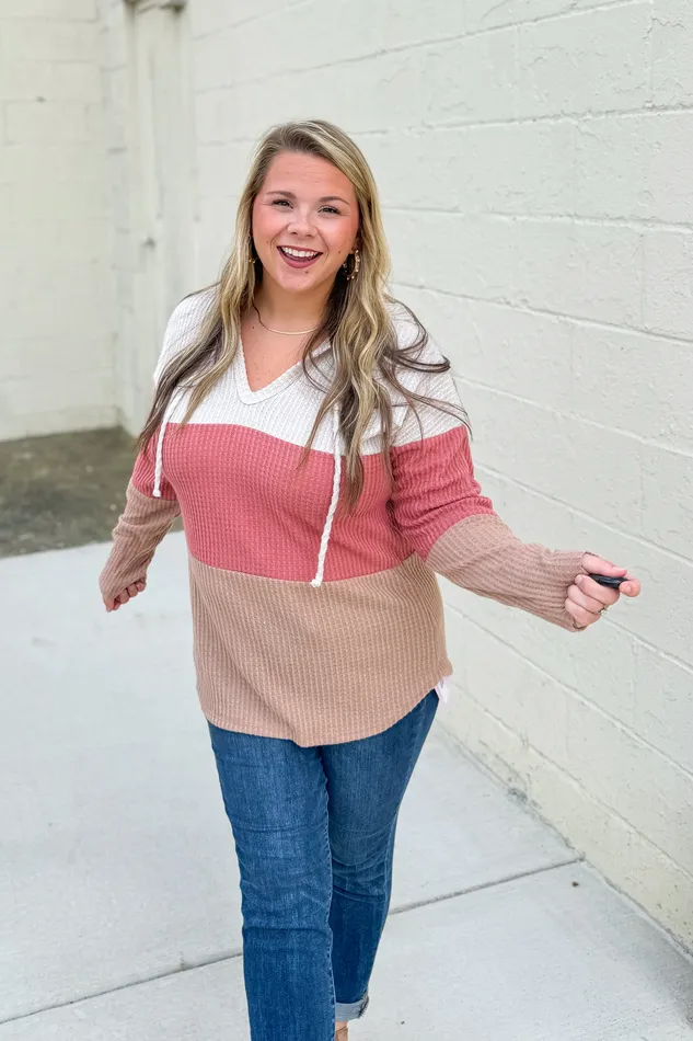 Best Timing Color Block Waffle Knit Hoodie Top Heimish Necklaces