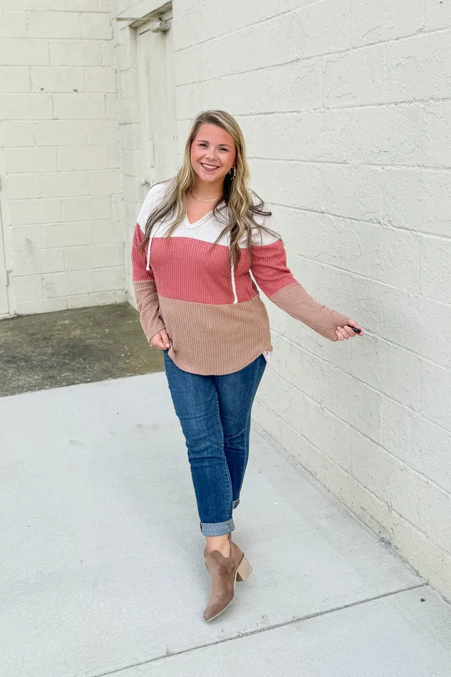 Best Timing Color Block Waffle Knit Hoodie Top Heimish Necklaces