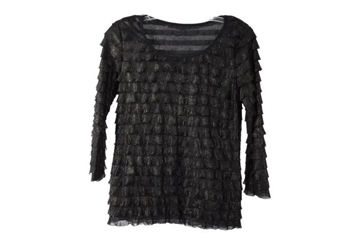 Black Gold Shimmer Ruffle Top M Jubilee Thrift Rings