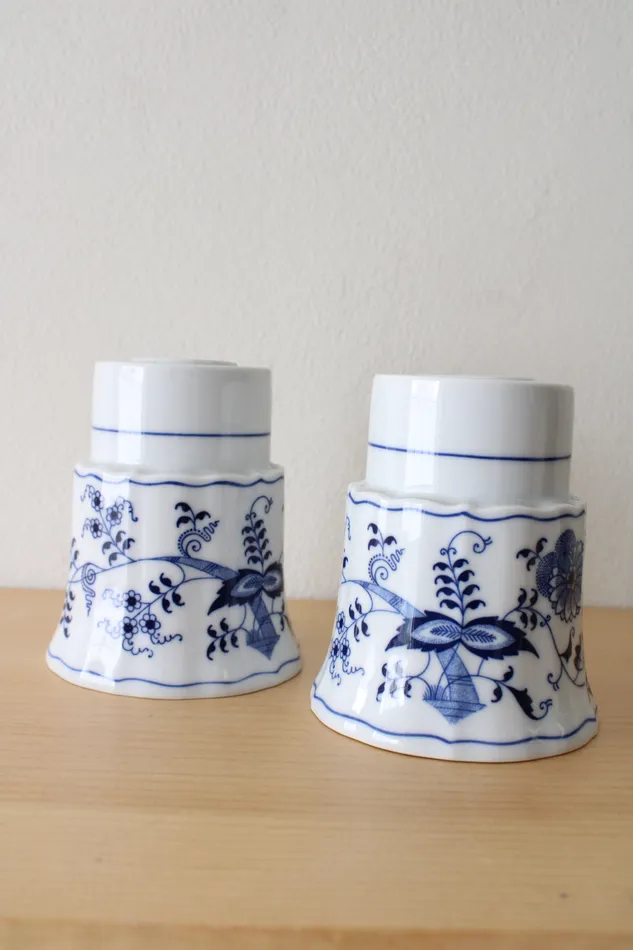 Blue Dunabe Blue Danube Japan Vintage 1951 Porcelain Candlestick Holders Set Of 2 Rings