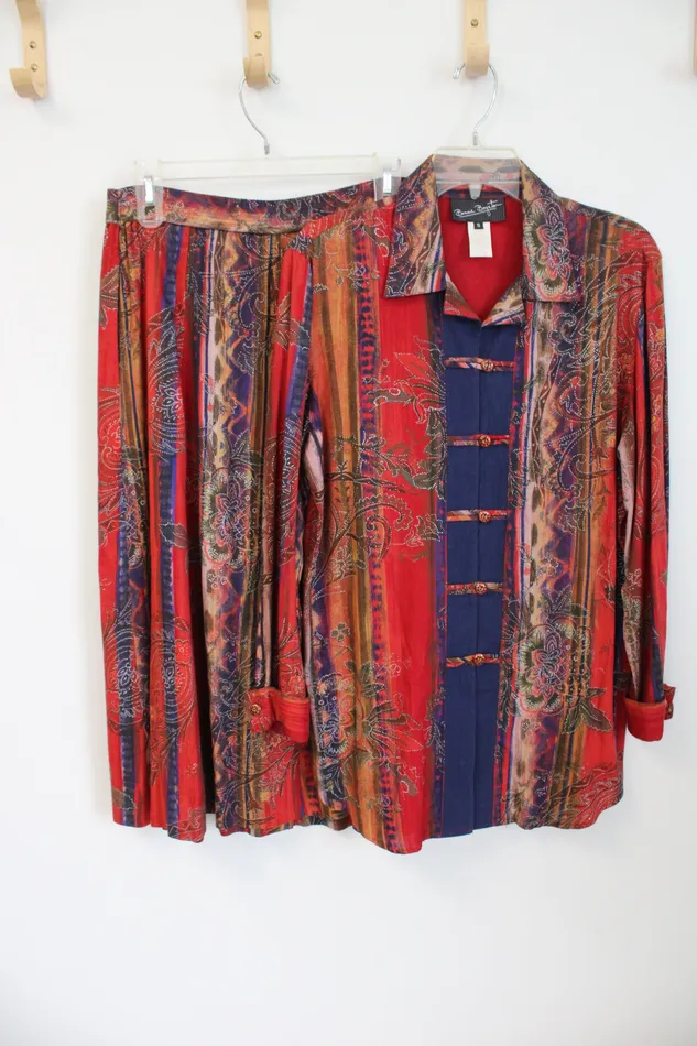 Bonnie Bayton Bonnie Bayton Vintage Red Patterned Rayon Shirt Skirt Set S Earrings