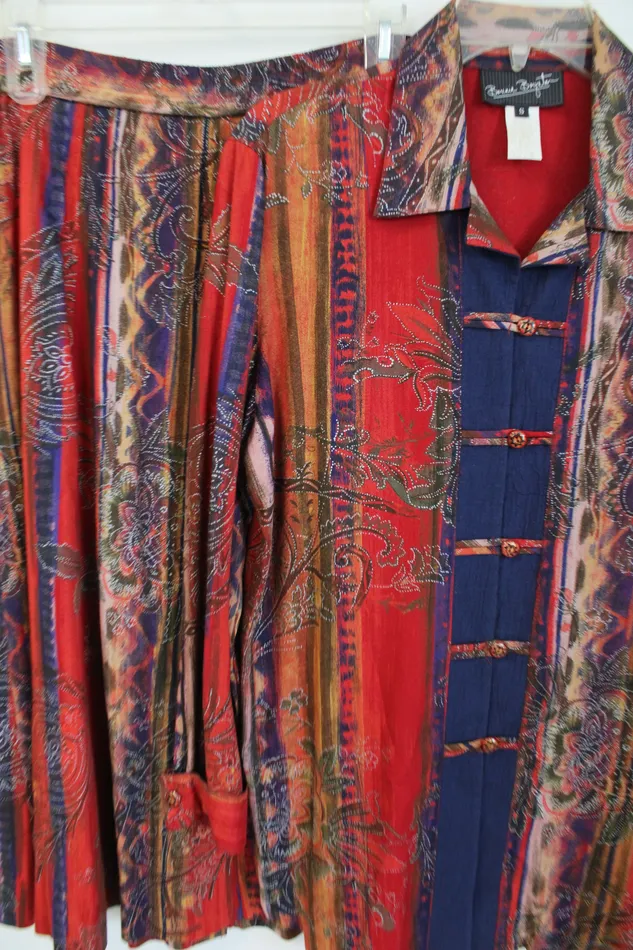 Bonnie Bayton Bonnie Bayton Vintage Red Patterned Rayon Shirt Skirt Set S Earrings