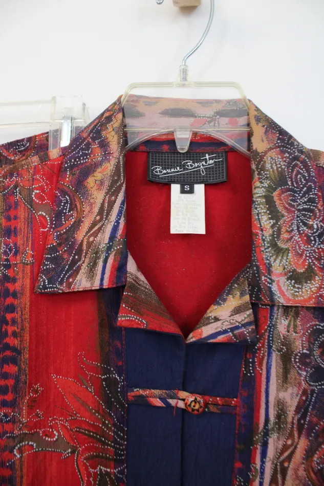 Bonnie Bayton Bonnie Bayton Vintage Red Patterned Rayon Shirt Skirt Set S Earrings