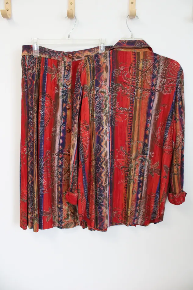 Bonnie Bayton Bonnie Bayton Vintage Red Patterned Rayon Shirt Skirt Set S Earrings