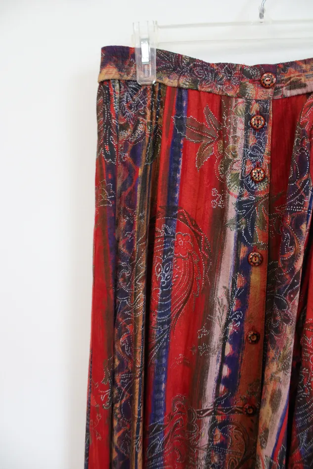 Bonnie Bayton Bonnie Bayton Vintage Red Patterned Rayon Shirt Skirt Set S Earrings