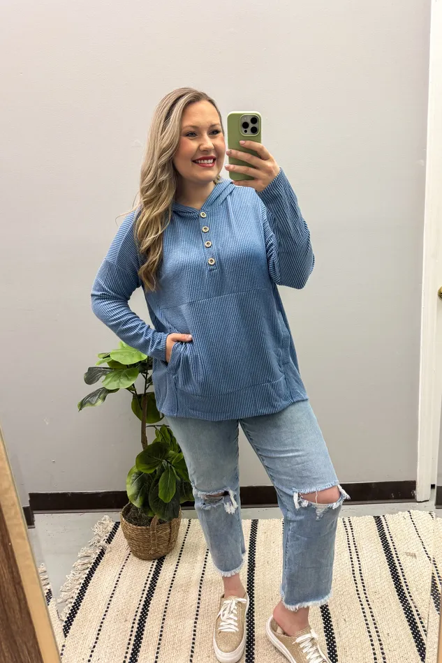 Boone Ribbed Hoodie Pullover Top Denim Heimish Earrings