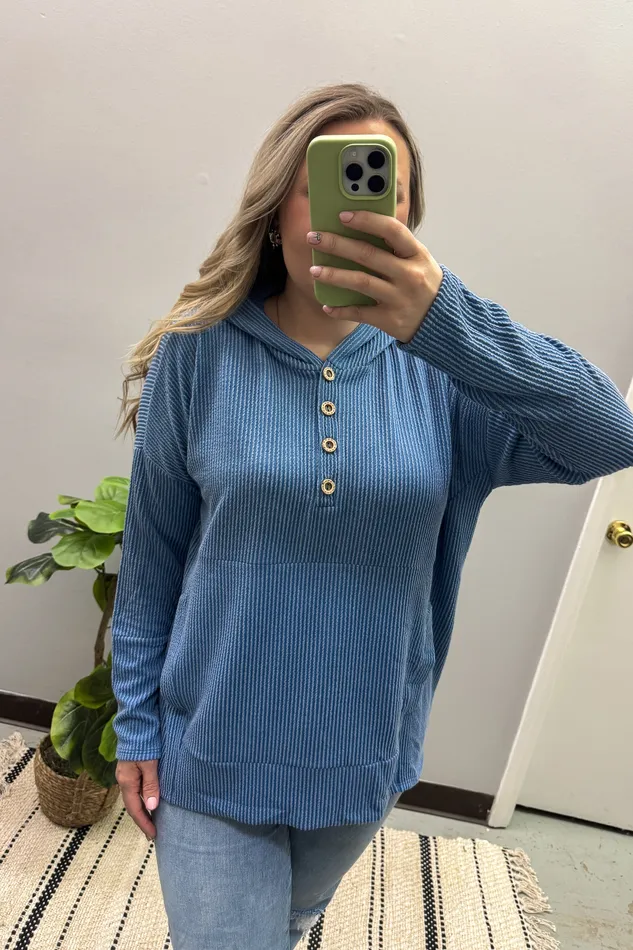 Boone Ribbed Hoodie Pullover Top Denim Heimish Earrings