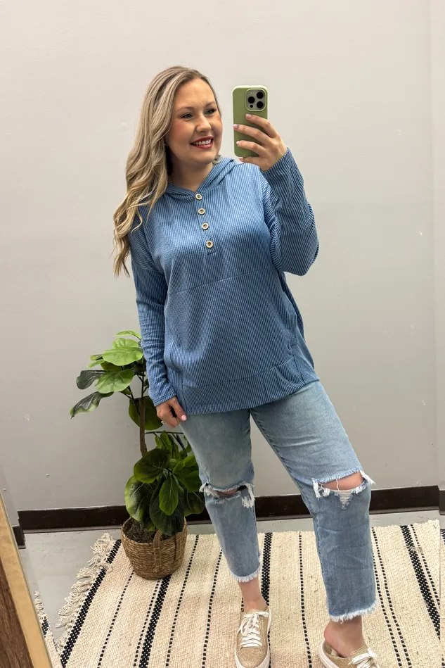 Boone Ribbed Hoodie Pullover Top Denim Heimish Earrings