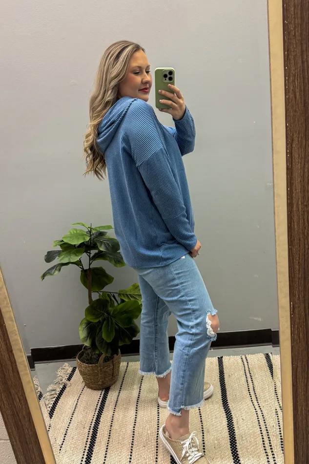 Boone Ribbed Hoodie Pullover Top Denim Heimish Earrings