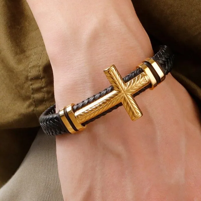 Bracelets Mens Cross Bracelet br Braided Black Lords Guidance