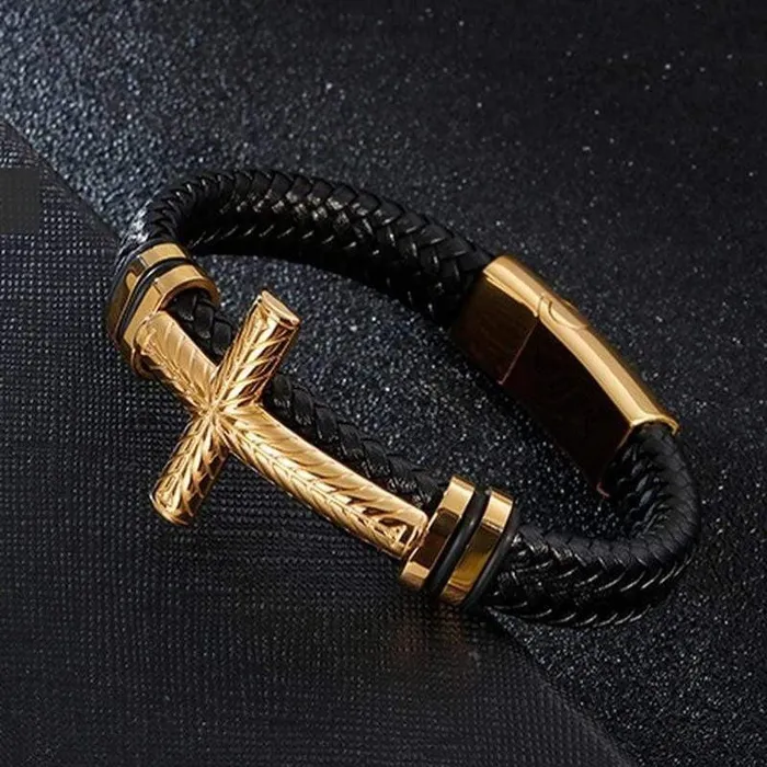 Bracelets Mens Cross Bracelet br Braided Black Lords Guidance
