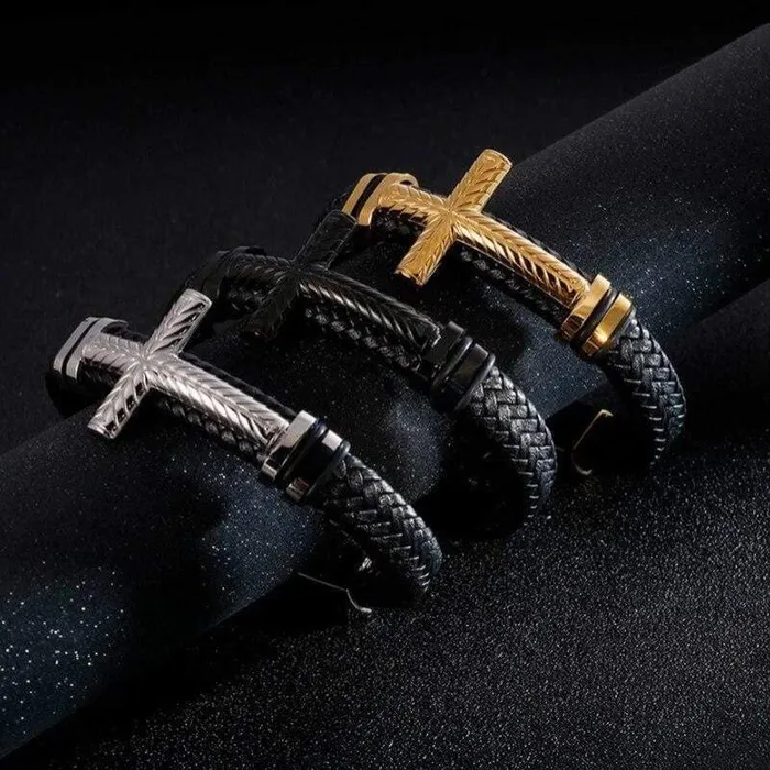 Bracelets Mens Cross Bracelet br Braided Black Lords Guidance