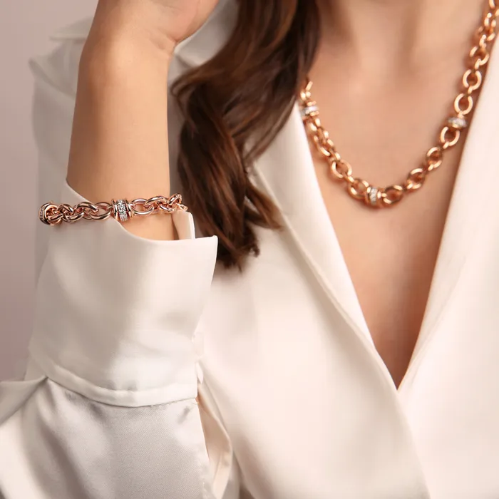 Bronzallure Earrings Bracciale Catena Rolo e Rondelle Pav in Cubic Zirconia