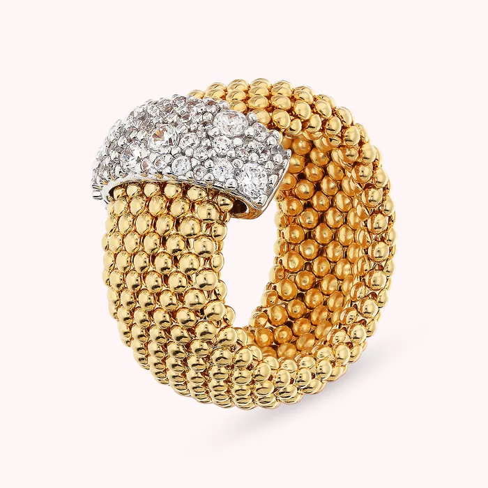 Bronzallure Rings Anello a Fascia Golden Maglia Popcorn con Pav di Cubic Zirconia