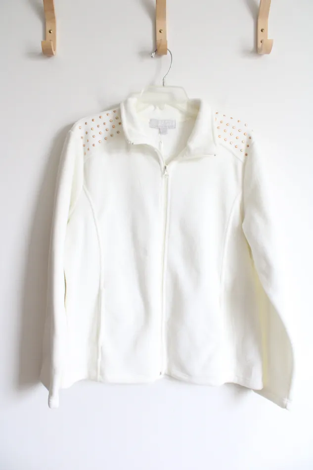 Carolyn Taylor White Fleece Studded Shoulder Full Zip Jacket L Carolyn Taylor Rings