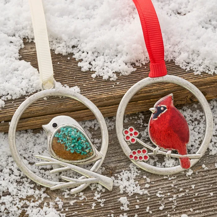 Chadds Ford Jewelry Necklaces Cardinal and Sand Birdie Ornament Bundle