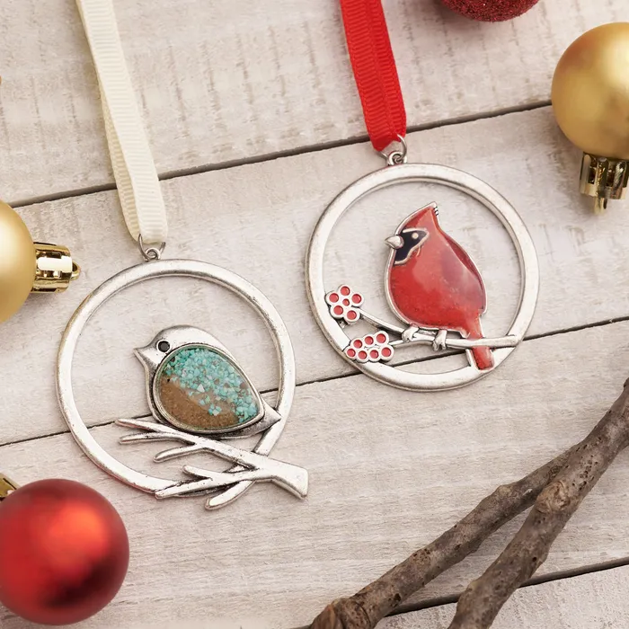 Chadds Ford Jewelry Necklaces Cardinal and Sand Birdie Ornament Bundle