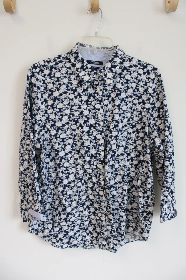 Chaps Rings Chaps White Floral Navy Long Sleeved Button Down Top XL