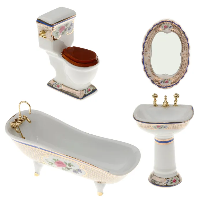 CJ Rings Gold and Floral Design Miniature Bathroom 4 PC Set for 112 Scale Dollhouse CJ Rings Gold and Floral Design Miniature Bathroom 4 PC Set for 112 Scale Dollhouse