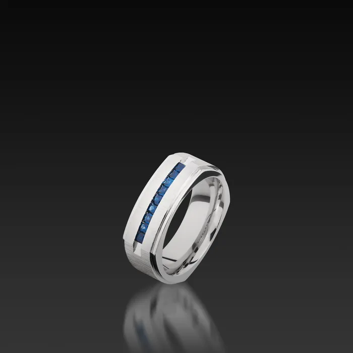 Cobalt Chrome Flat Square Band with Grooved Edges and Sapphire Accents Shop John Atencio Rings