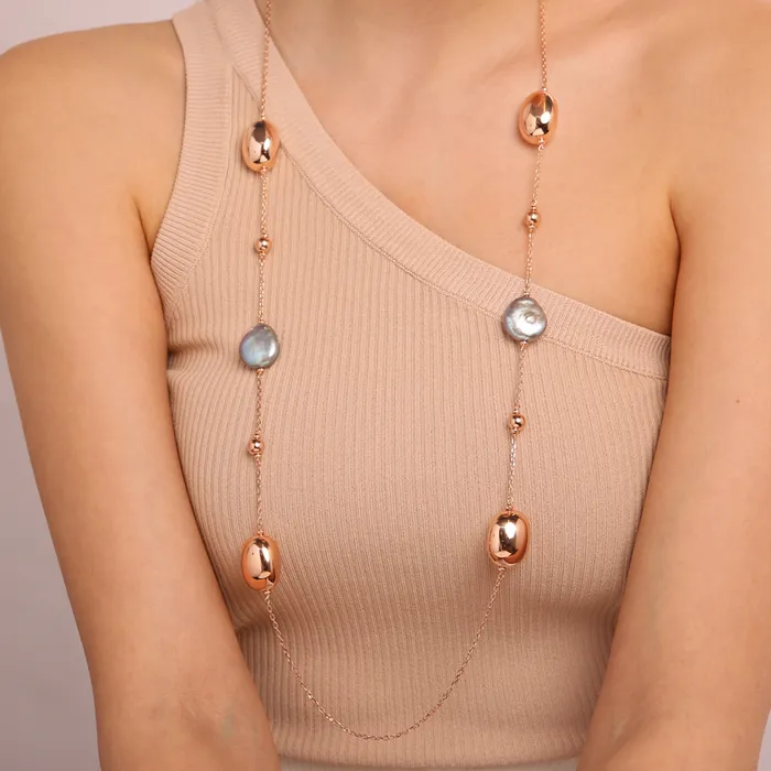 Collana Lunga con Pepite Lucide in Golden Ros e Perle dAcqua Dolce 17 mm Bronzallure Earrings