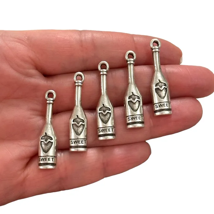 Earrings Antique Silver Plated Wine Bottle Charms Silver Wine Lover Charms 5 pcs in a pack Peppy Beads