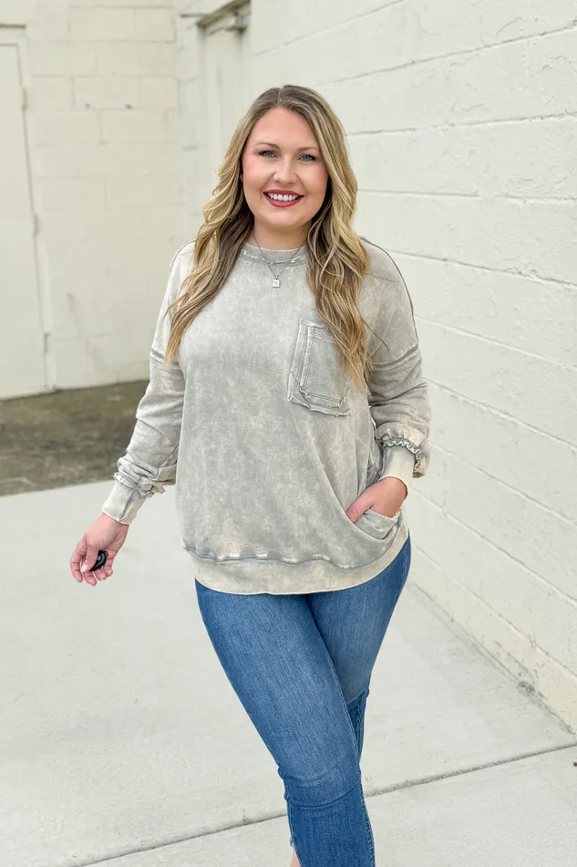 Earrings Chelsea Acid Wash Pullover Pocket Sweatshirt Sleet Zenana