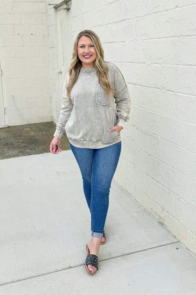 Earrings Chelsea Acid Wash Pullover Pocket Sweatshirt Sleet Zenana