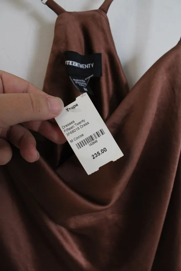 Earrings Fifteen Twenty NEW Fifteen Twenty Cocoa Brown Satin Midi Slip Dress M