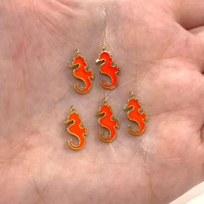 Earrings Peppy Beads 24Kt Gold Plated Neon Orange Enamelled Sea Horse Charms 5 pcs in a Pack Earrings Peppy Beads 24Kt Gold Plated Neon Orange Enamelled Sea Horse Charms 5 pcs in a Pack