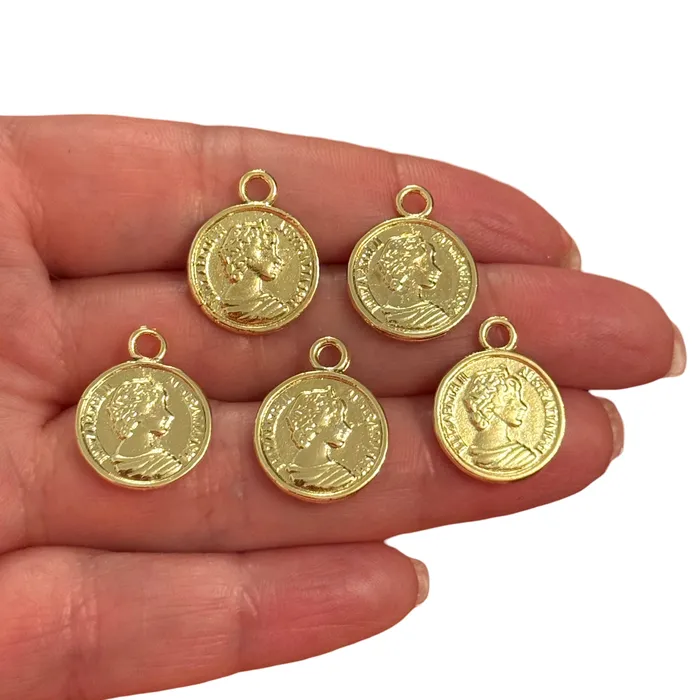 Earrings Peppy Beads 24Kt Gold Plated Queen Elizabeth The Second Double Sided Coin Charms 5 Pcs in a pack