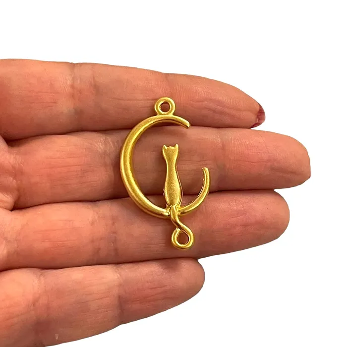 Earrings Peppy Beads 24Kt Matte Gold Plated Crescent Moon Cat Charm