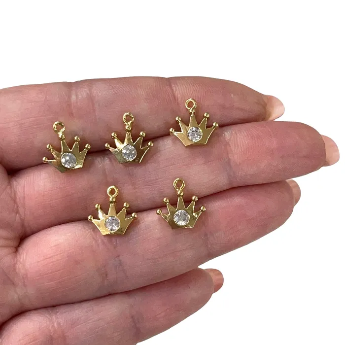 Earrings Peppy Beads 24Kt Shiny Gold Plated Crown Zirconia Charms 5 Pcs in a Pack