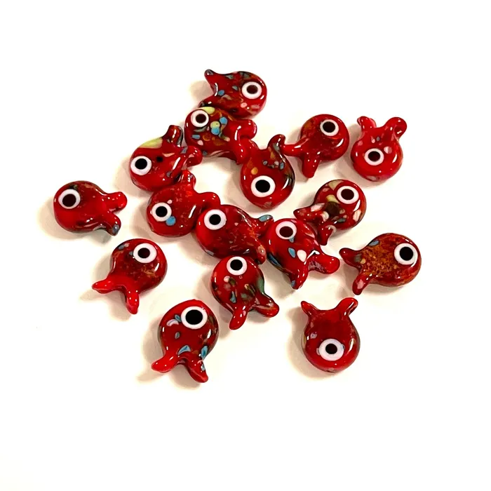 Earrings Peppy Beads Hand Made Murano Glass Red Fish Charm